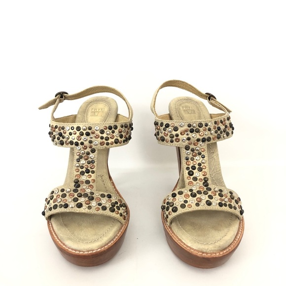 Frye Size 7.5 Joy Studded Bone T-Strap Sandals - Picture 2 of 6